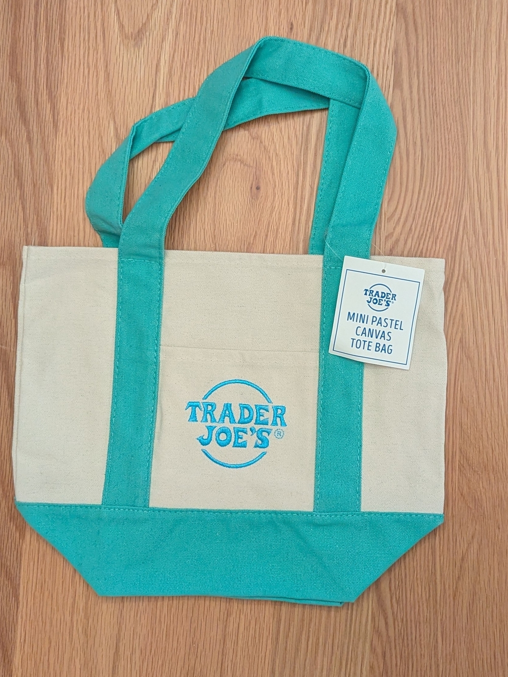 Trader Joe's Mini Canvas Tote Bag in Teal and Cream